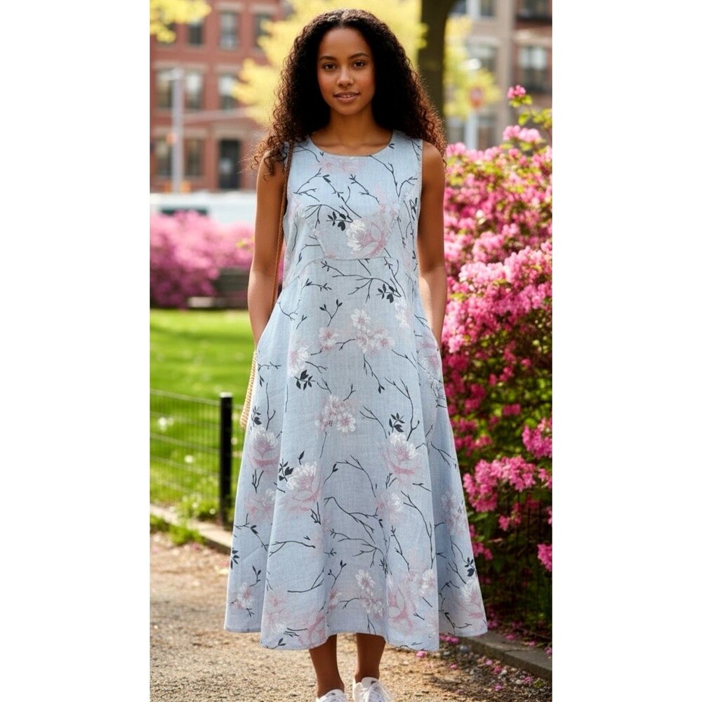 Luca Vanucci womens sleeveless cool summer linen floral midi dress pockets Large